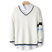 青少年V领羊毛衫男士拼色套头毛衣加厚针织打底衫商务休闲羊毛衫