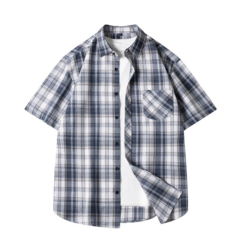 Hong Kong Style Shirt Men's Summer Short-sleeved Plaid Shirt Men's Fashion Brand Top Casual Loose Jacket for Teenagers