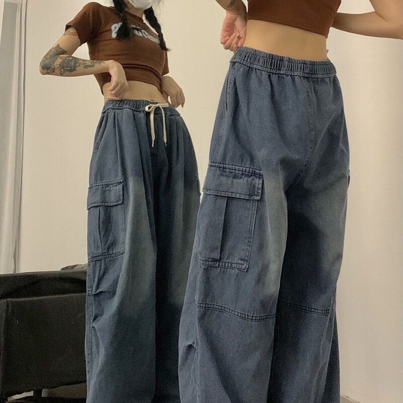 National Fashion American autumn and winter 2022 New Street niche design retro loose patch bag overalls Denim pants fashion