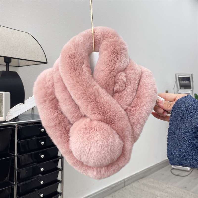 Écharpe en fourrure de renard avec pompons - étole en lapin douce_voghion.com