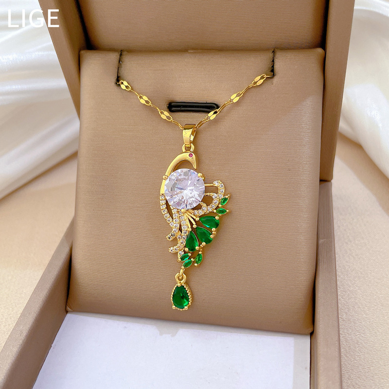 【钛钢】轻奢微镶真金孔雀开屏项链女新款锁骨链轻奢小众设计感详情3