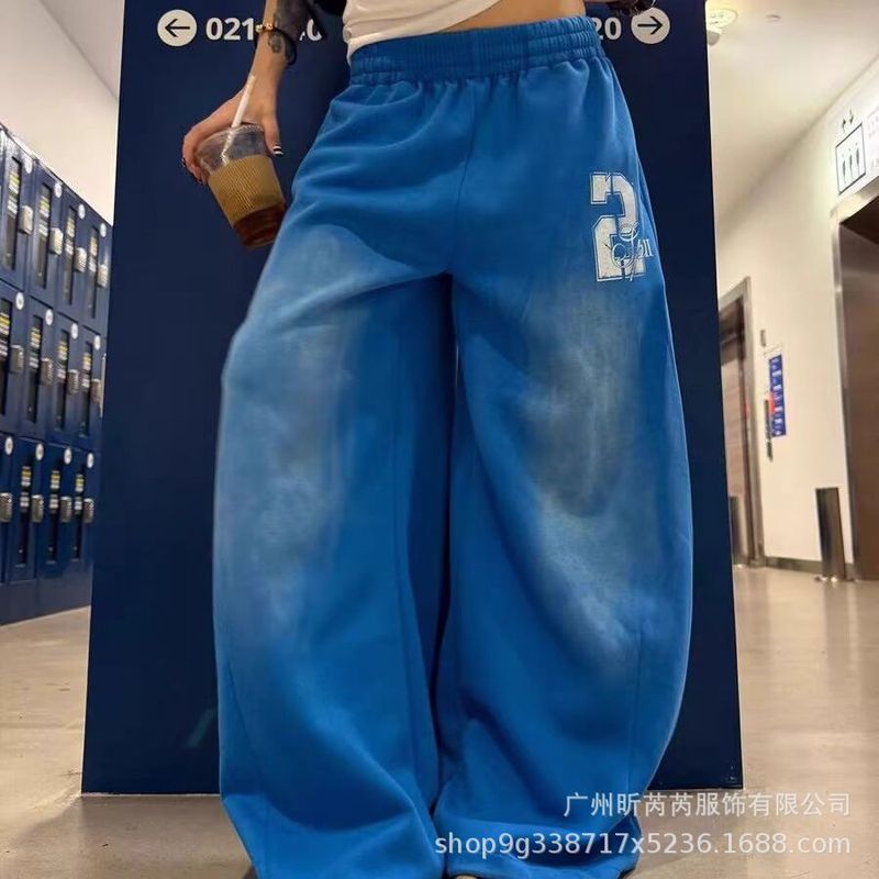 蓝色爵士舞裤子女小个子渐变宽松阔腿裤垂感休闲运动裤长裤卫裤女|undefined