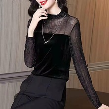 小立领灿灿拼接蕾丝打底衫女春季条纹长款百搭气质长袖上衣打底衣