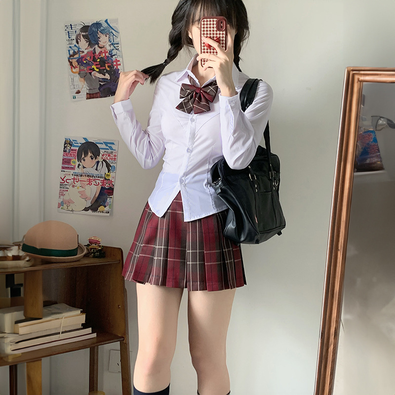(2개) 일본 대학 스타일 JK 유니폼 화이트 셔츠 긴팔 허리 셔츠 슬림 핏 원피스 올 매치 세트 여름 스위트