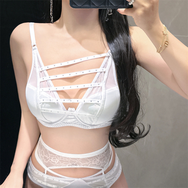 MISSAP Comfortable French Style Strap Hot Drilling Lightweight Cotton Pad Gather Underwear Sexy Inner Bra Panties suit