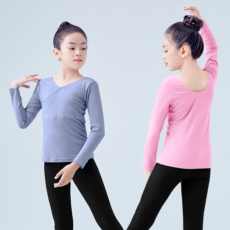 Nueva Ropa de baile los niños primavera manga larga traje delantero Cruz Niñas práctica danza superior al por mayor