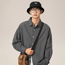 秋季新款男士条纹长袖衬衫情侣款休闲宽松经典重磅宽松牛津纺衬衫