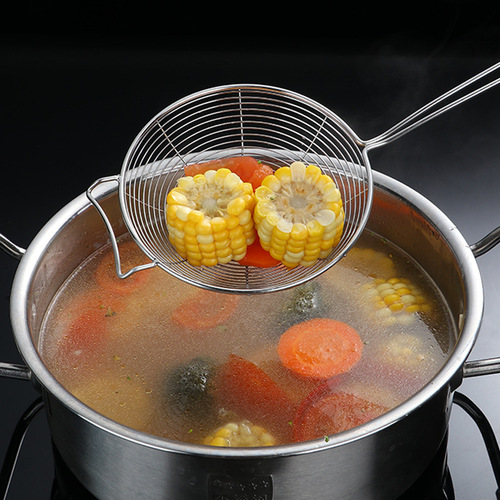 Non-magnetic stainless steel kitchen noodle colander with hook and net, thickened steel bottom to reinforce kitchen utensils