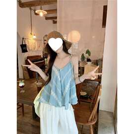 度假风小清新蓝色领吊带背心女夏季新款清凉宽松休闲百搭短上衣