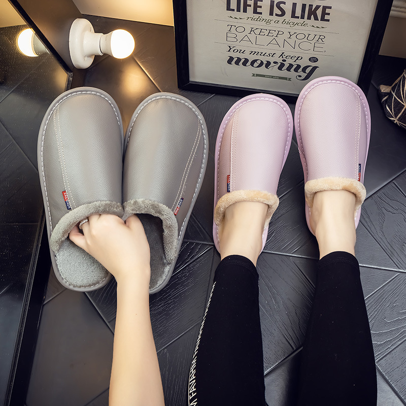 Cowhide cotton slippers for men and women home non-slip warm indoor wood floor Haining home leather cowhide slippers winter