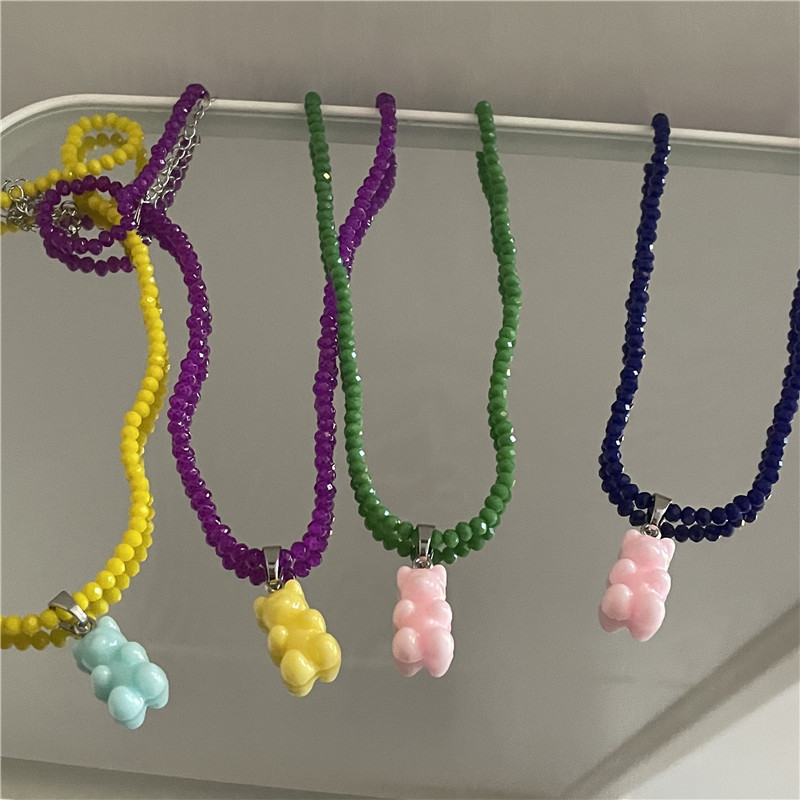Korean Dongdaemun New Fun Necklace Womenu0027s Colorful Rice-Shaped Beads Stringed Beads Bear Crysta