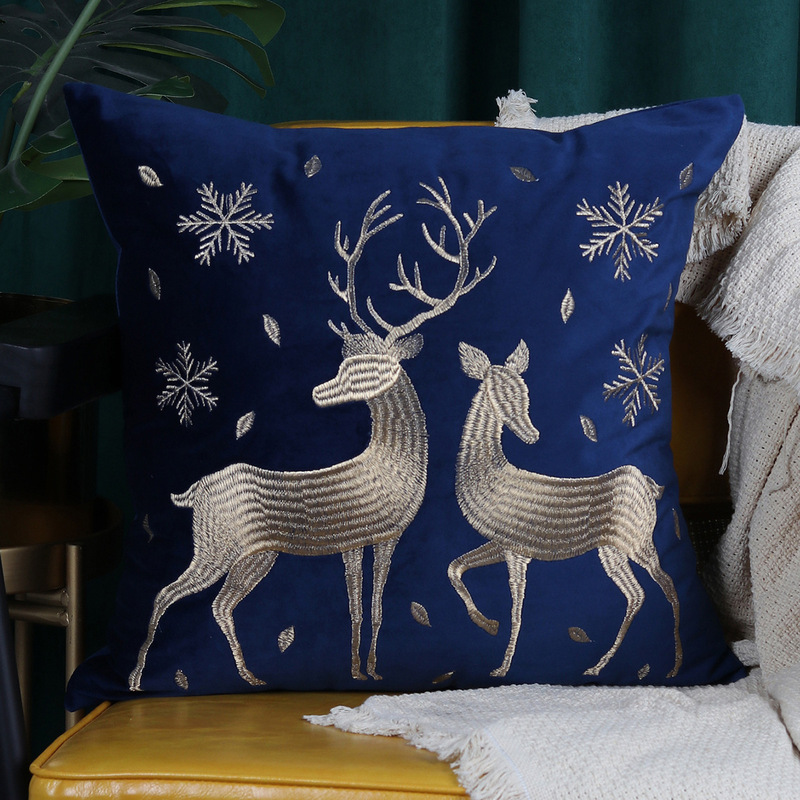 ヘラジカのクリスマスツリーブロンズ枕カバー、秋冬スノーフレーク刺繍クッションカバー45*45、クロスボーダーホットセール|undefined