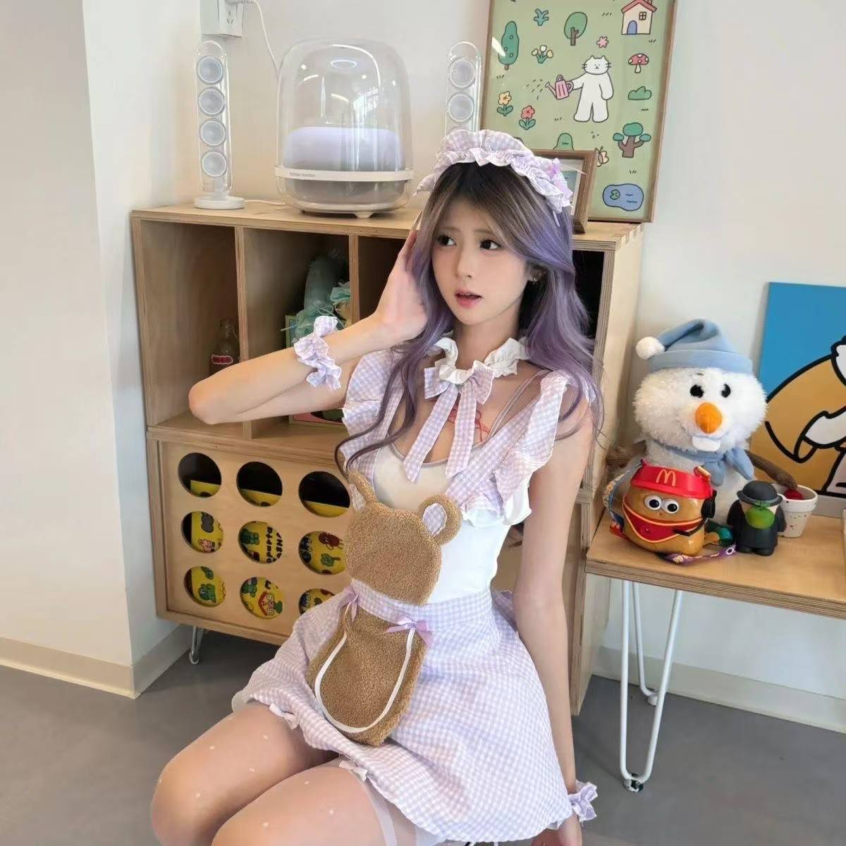 Maid Roleplay Costume Set with Apron, Headband, Choker, Wristbands and Crotchless Bodysuit — detail image 2