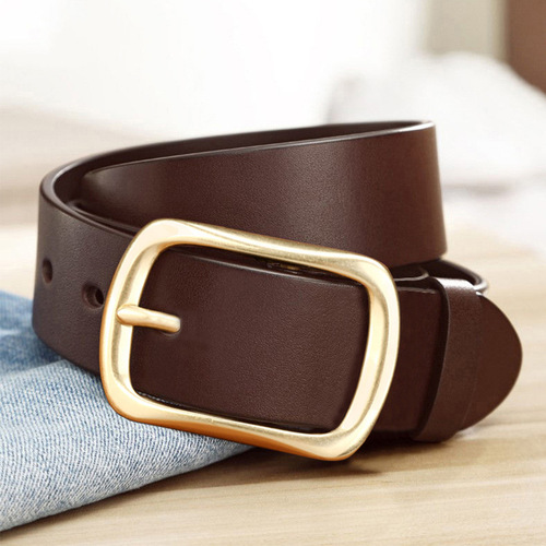 Men's belt first layer cowhide copper buckle genuine leather belt for young and middle-aged men casual simple pin buckle business jeans belt