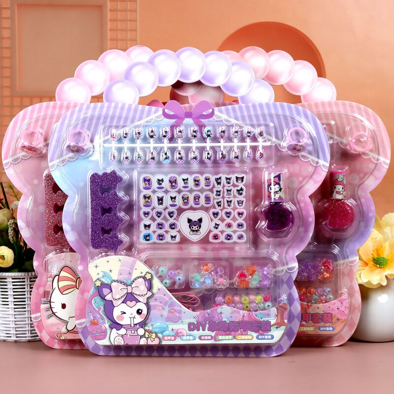 Sanrio Kuromi Kt Cat Elsa Children's Cartoon Beaded Necklace Ring Nail Fake Nail Set Nail Stickers