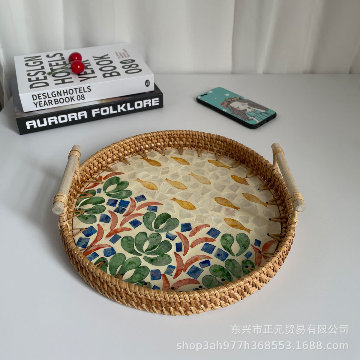 Vietnam ratán tejido Shell bandeja color Shell tejido merienda cesta de almacenamiento merienda bandeja fruta pan té bandeja