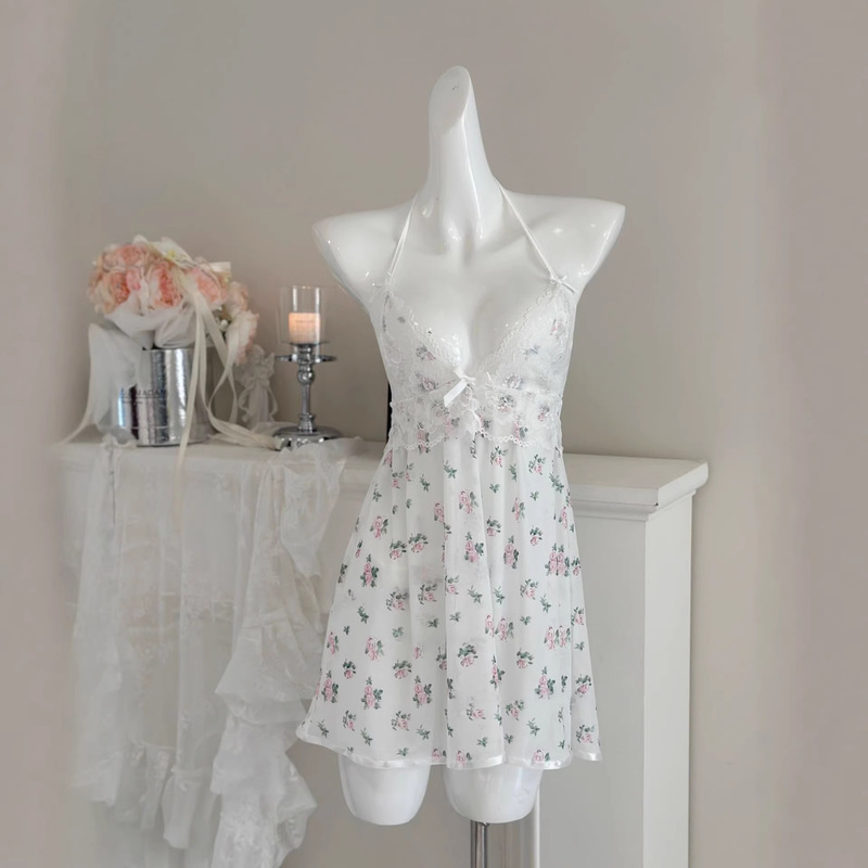 Su Yanlu//The Good Neighbor Lace Floral Mesh Transparent Strap Nightgown Sexy Date Halter Nightdress