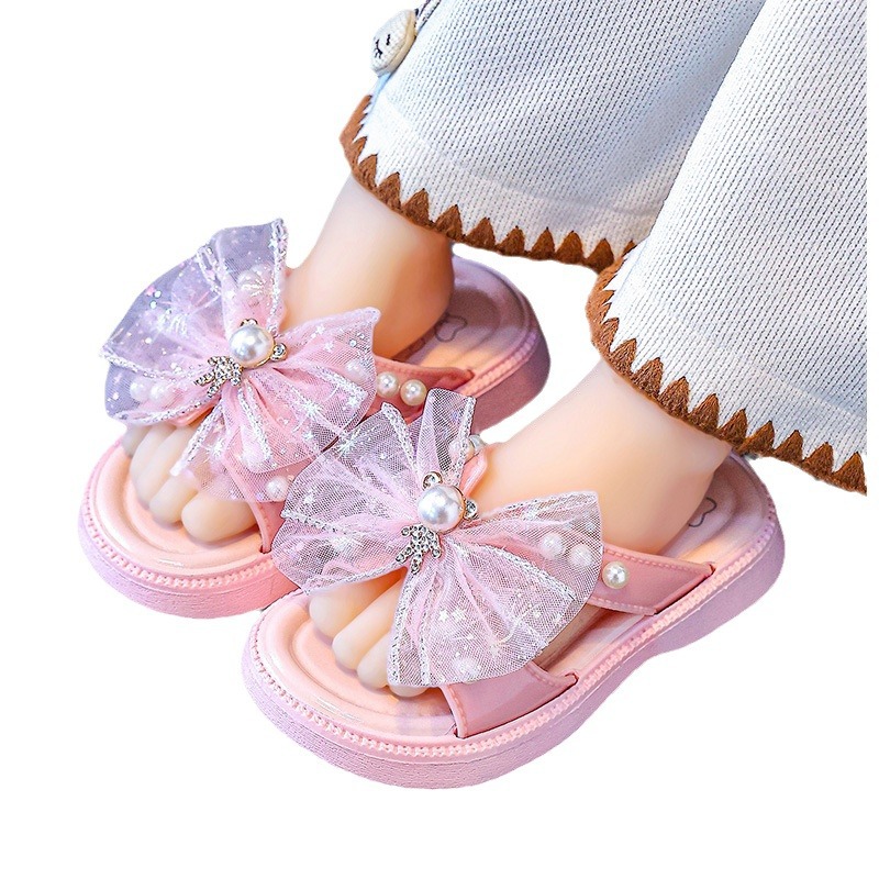 Zapatillas de malla de encaje de niñas de verano nuevas niñas con suela suave de perlas zapatos de princesa de tacones planos de moda casera