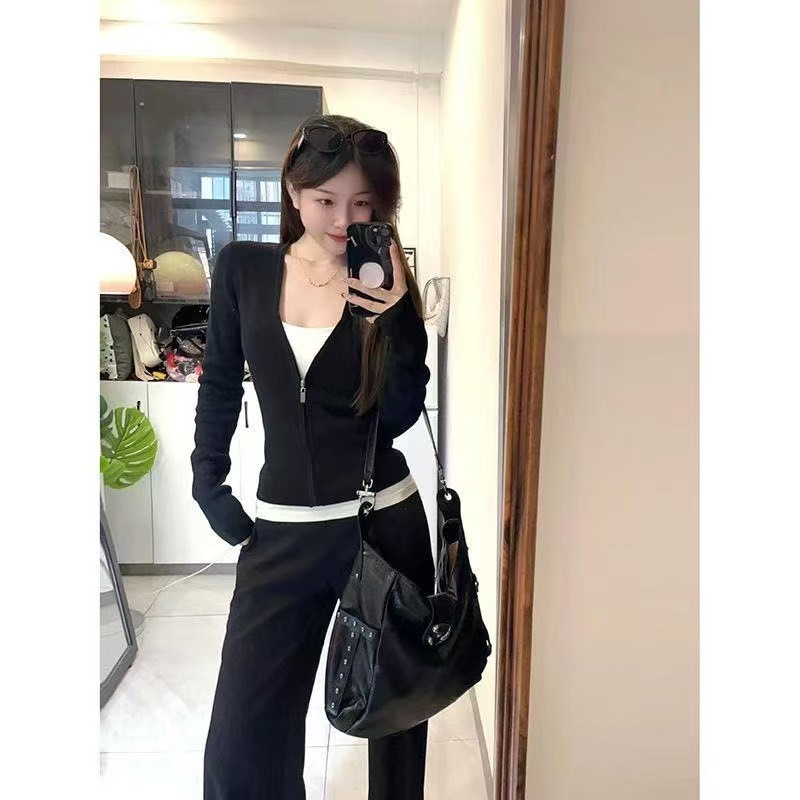 跨境批发秋冬随心裁撞色假两件拉链长袖t恤女式气质修身显瘦上衣|undefined