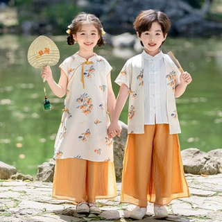 女童旗袍汉服套装六一儿童演出服新中式男童唐装兄妹装夏季古装