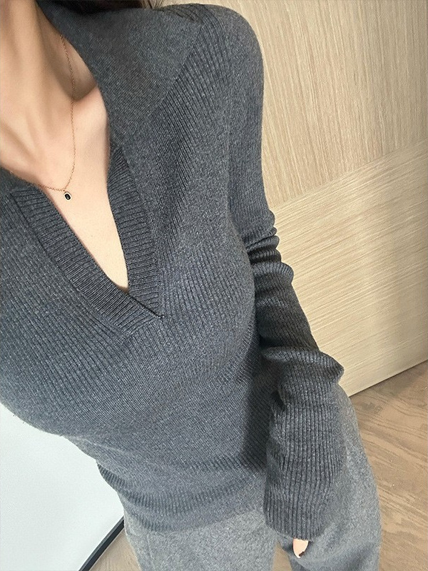 灰色polo领修身羊毛针织衫上衣韩系内搭打底衫翻领毛衣女早秋|undefined