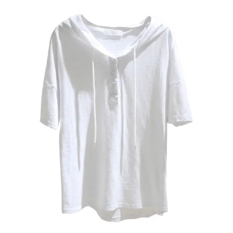 Áo thun nữ cotton 100% tay ngắn có mũ trùm đầu form rộng — Màu đen ((bông tre, mỏng và thoáng khí))