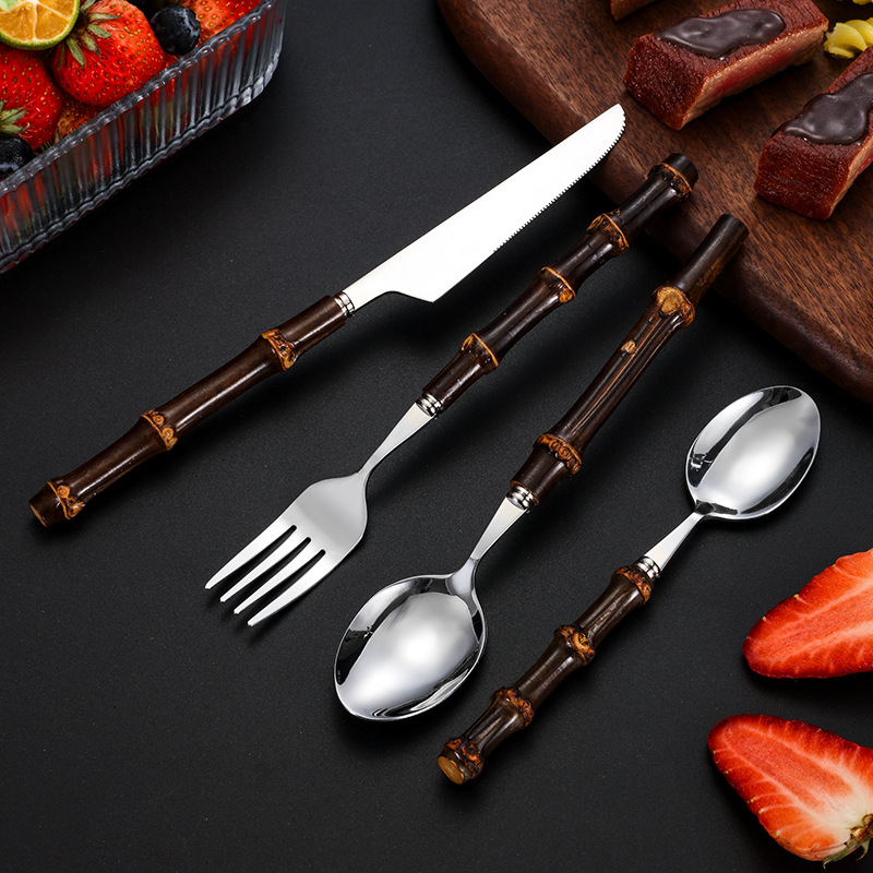 Conjunto de cubiertos transfronterizos mango de bambú natural cuchillo y tenedor cuchara creativa cuchillo y tenedor de acero inoxidable hotel conjunto de regalo