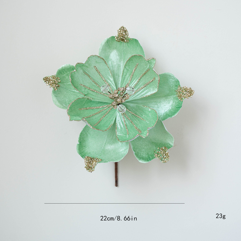 跨境新品圣诞节装饰品仿真花圣诞花22cm布艺粘粉亮片仿真玉兰花|undefined