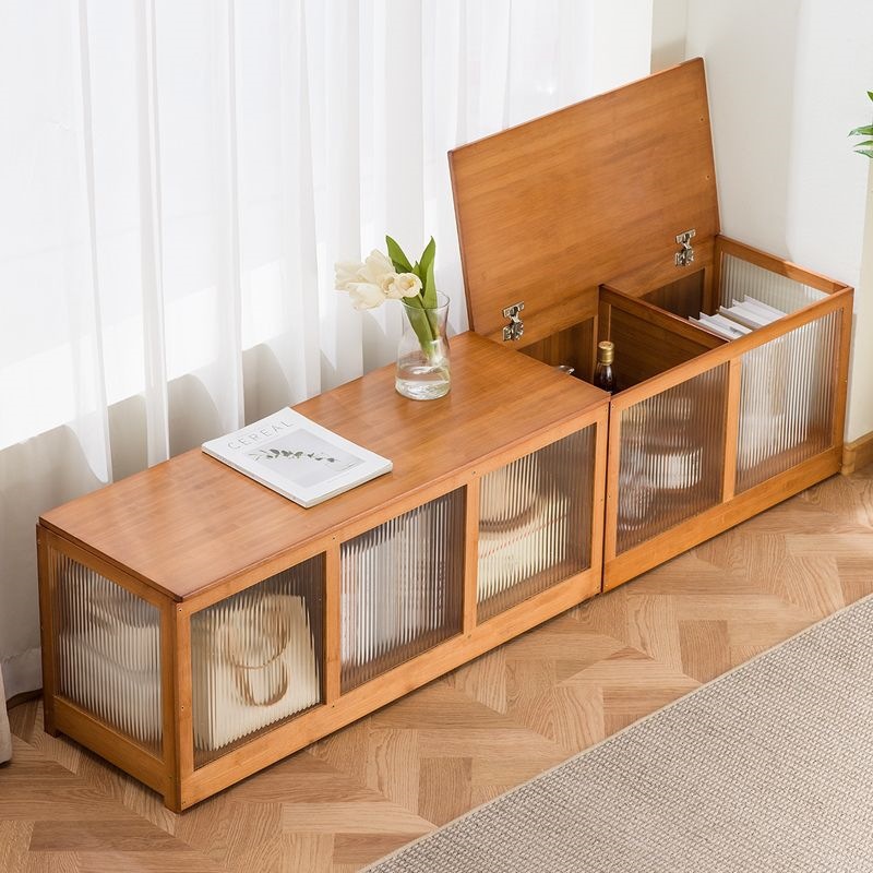 Flip-top bay window storage cabinet, bedroom balcony low cabinet, integrated long tatami multi-layer storage cabinet, can be used as a seat, bamboo