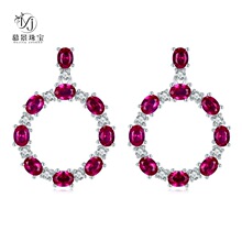 慕景珠宝高碳钻耳坠镶嵌椭圆形鸽血红欧美奢华风冰花款s925耳环