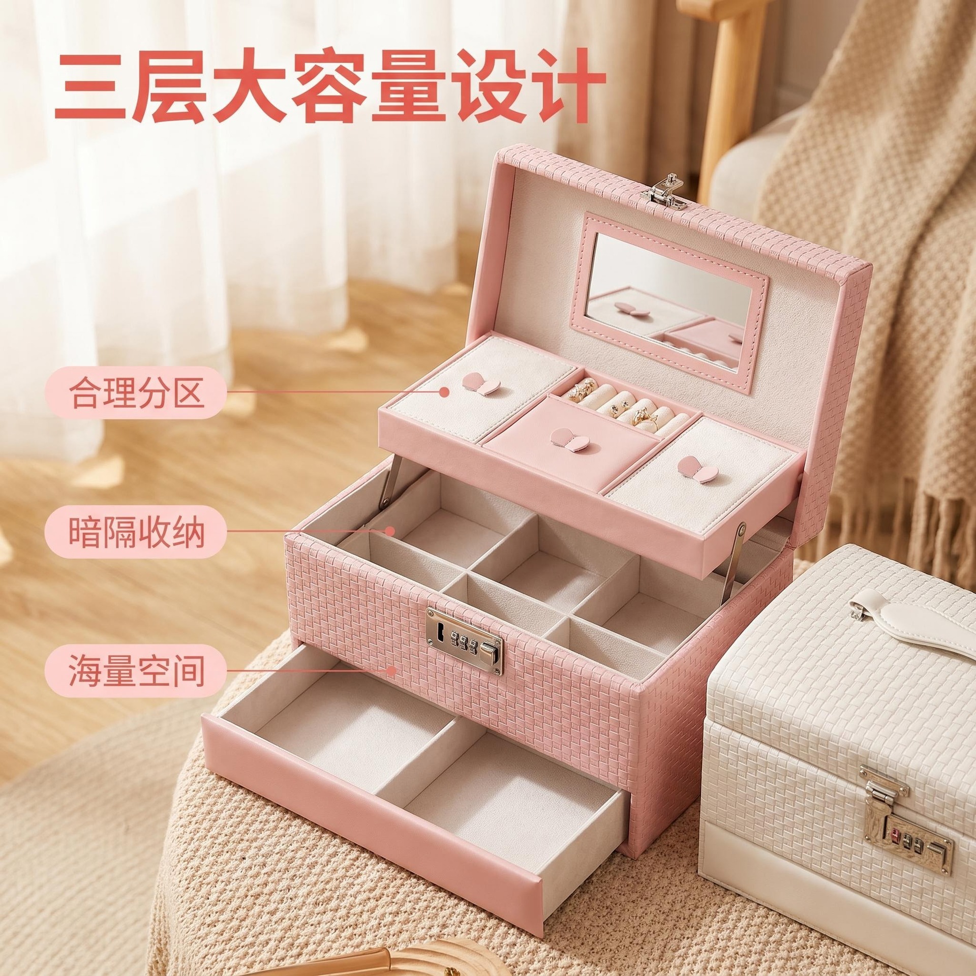 女生轻奢编织纹首饰收纳箱三层带锁带镜大容量耳环项链饰品整理盒