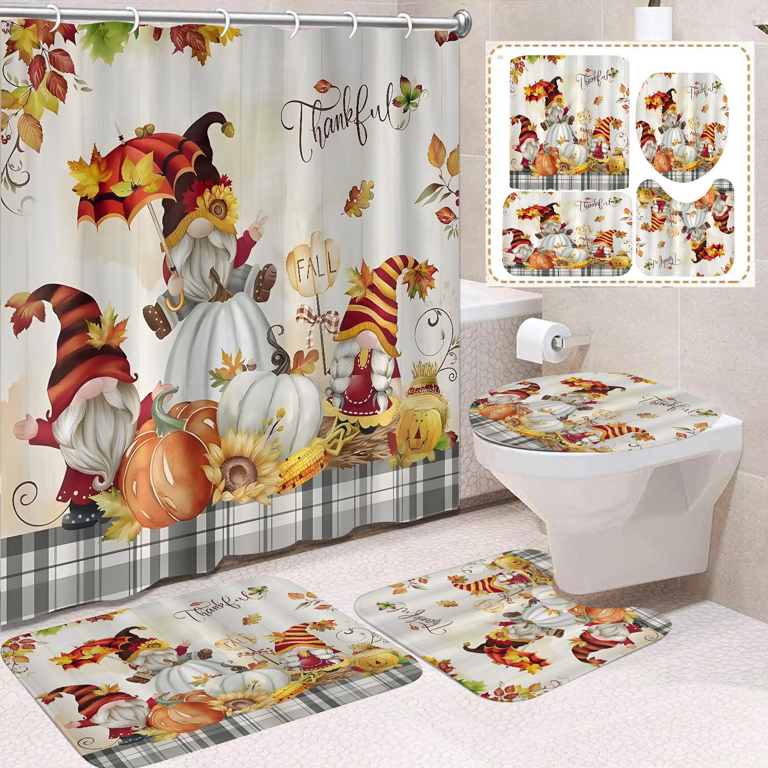 Cortina de ducha de Acción de Gracias, cosecha de otoño, serie de calabaza, cortina de ducha, cortina de baño, cortina de baño impermeable de poliéster, cortina de baño de cuatro piezas image 24