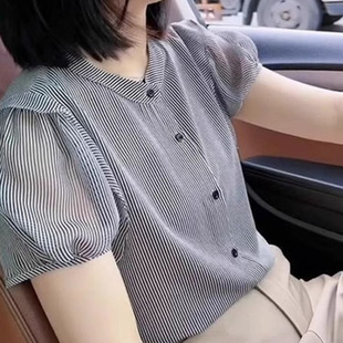 2025 Summer New Fashion Age-Reducing Shirt Women's Design Niche Splicing Puff Sleeve Stripesd Short-Sleeved Shirt