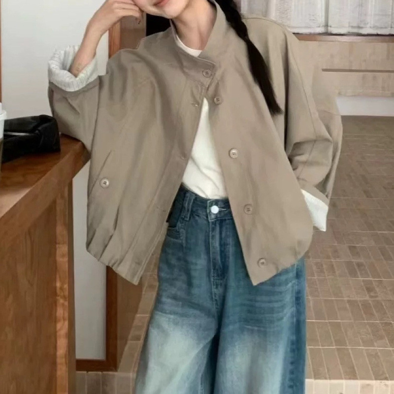 立领夹克外套女新款宽松休闲条纹短款风衣上衣|undefined