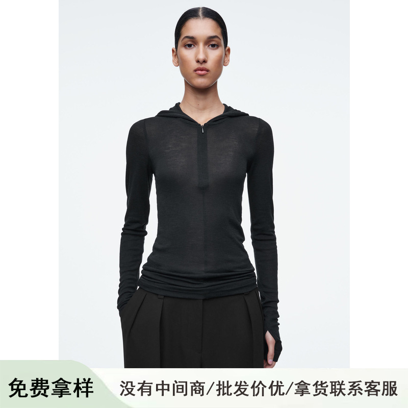 Cos Style Wool Knitted Hoodie Thumb Button Long-Sleeved Pullover Top Half Placket Zipper Slim Slim T-Shirt for Women