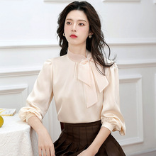 法式复古缎面衬衫女2025春季新款高级感气质欧根纱蝴蝶结衬衣上衣