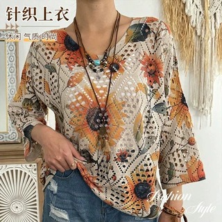 秋季新款女士休闲花卉印花镂空针织上衣宽松遮肚子圆领五分袖上衣