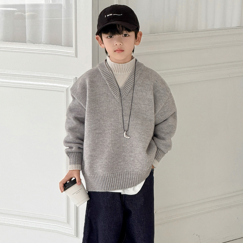 男童秋冬款毛衣假两件2025新款中大童装冬装儿童冬季加厚针织衫潮