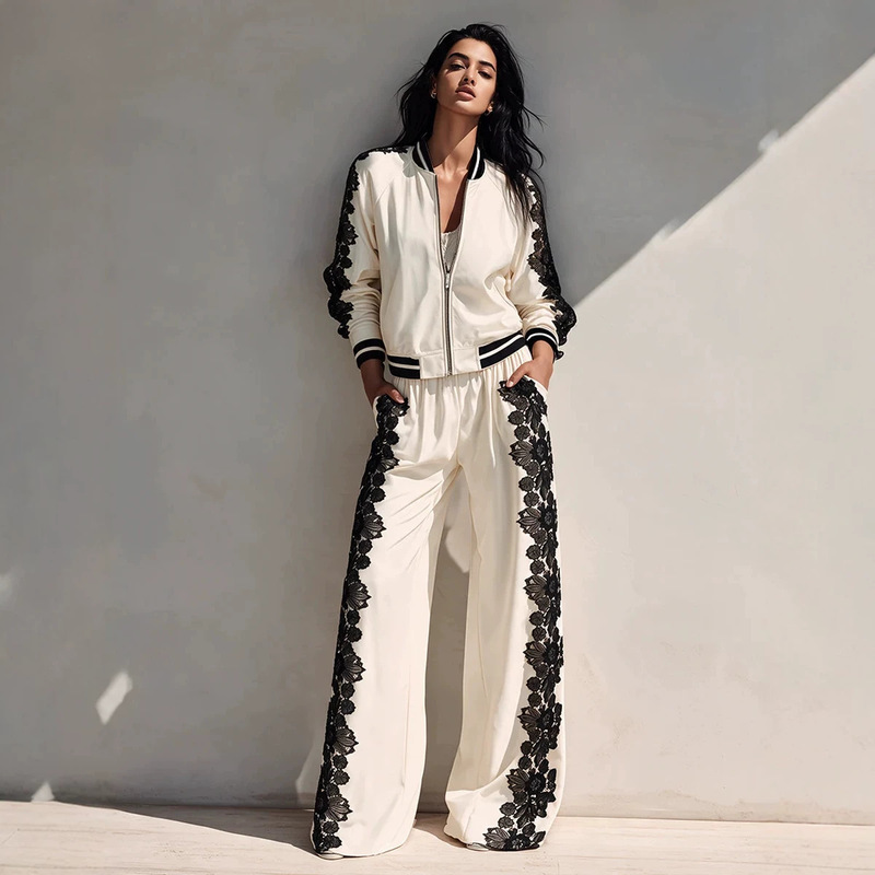 Amazon Cross-Border 2026 New Sports Suit Lace Patchwork Zipper Jacket Wide-Leg Pants Two-Piece Set Fashionable Trend Amazon Cross-Border 2026 New Sports Suit Lace Patchwork Zipper Jacket Wide-Leg Pants Two-Piece Set Fashionable Trend