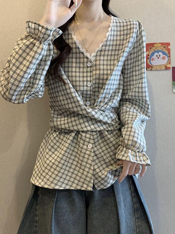 格子V领长袖打底衬衫女2025年秋新款时尚设计感系带收腰显瘦上衣|undefined