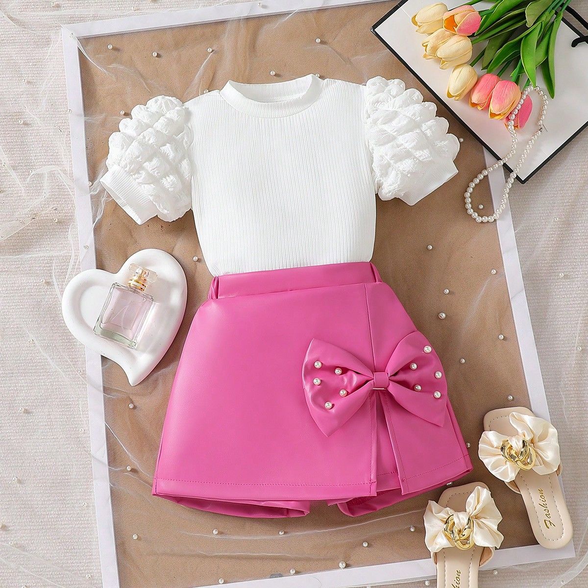 2025跨境热销童装泡泡袖坑条上衣珠珠蝴蝶结皮裙两件套女童装