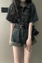 甜酷牛仔连体裤港风卷短裤夏季复古收腰显瘦阔衣裤套装