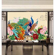 花开富贵壁布国画花鸟典雅孔雀墙纸电视沙发背景墙壁纸新中式墙布