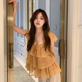 原版面料做法#蕾丝花边U领雪纺女2026夏季荷叶边洋气超仙上衣气质