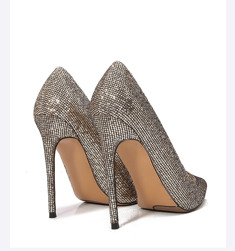 Giày cao gót nữ mũi nhọn gót siêu cao phủ sequins lấp lánh phong cách Âu Mỹ — Màu bạc, Màu sắc, Màu vàng, Màu đỏ chi tiết 36