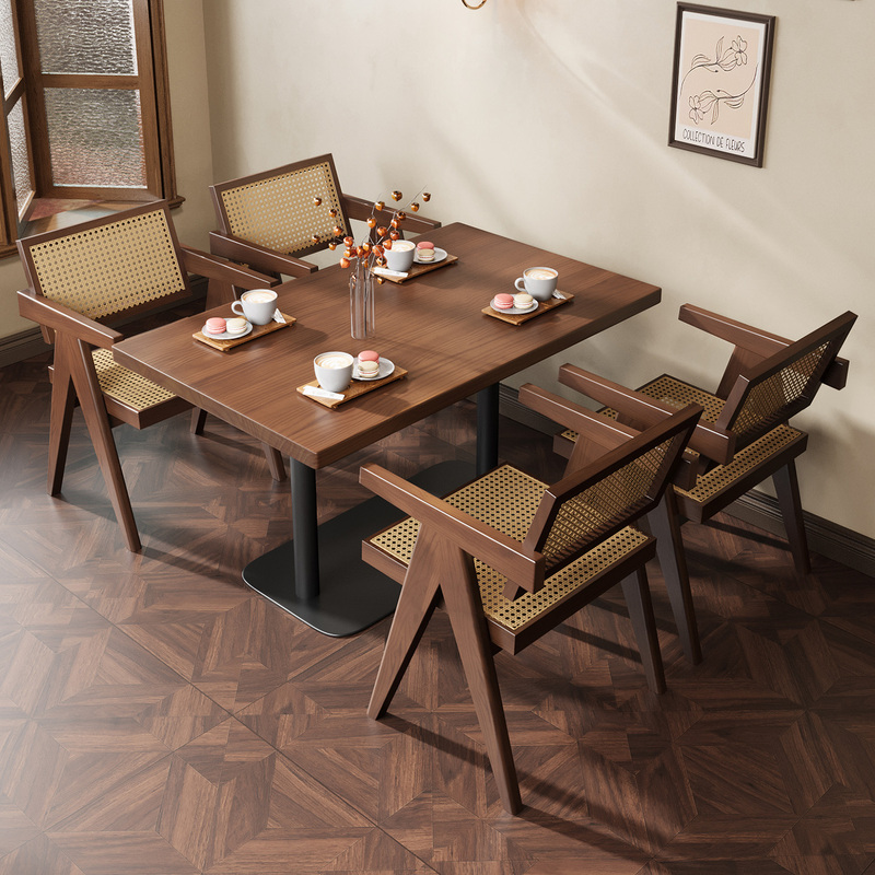 Cafe Restaurant Solid Wood Dining Table and Chair Set Commercial Use Milk Tea Barbecue Shop Restaurant Rectangular Iron Table 56