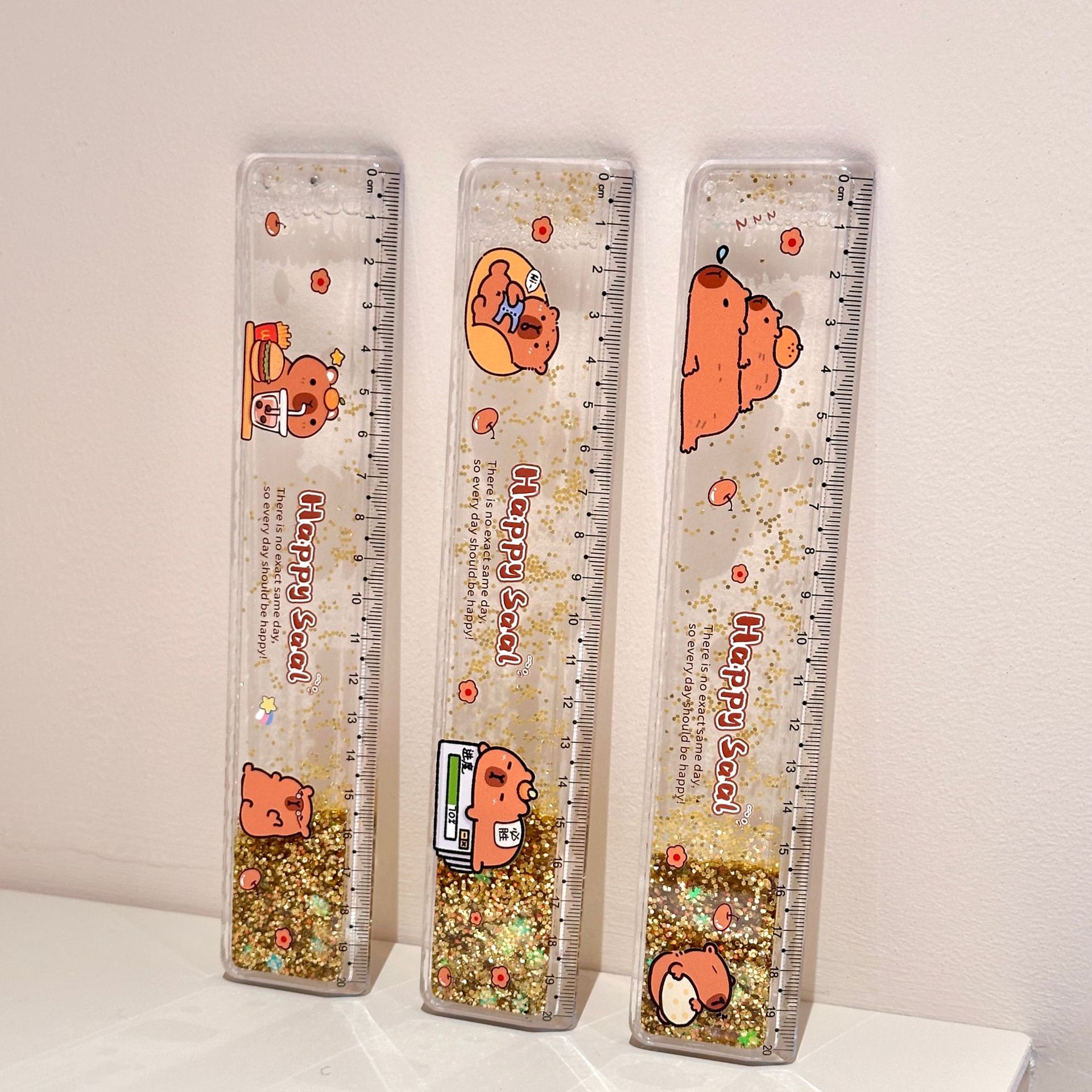 Capi en el aceite, regla de arenas movedizas, papelería linda de capibara, mapeo de escuela primaria, regla transparente, regla de 20cm de dibujos animados