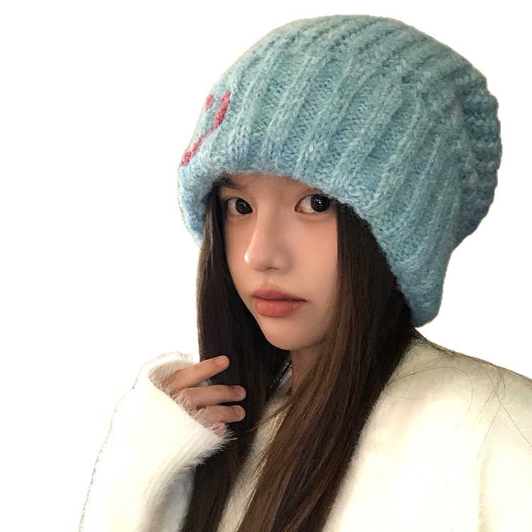可爱笑脸针织毛线帽子女秋冬加厚防风显脸小包头帽韩系护耳保暖帽|undefined