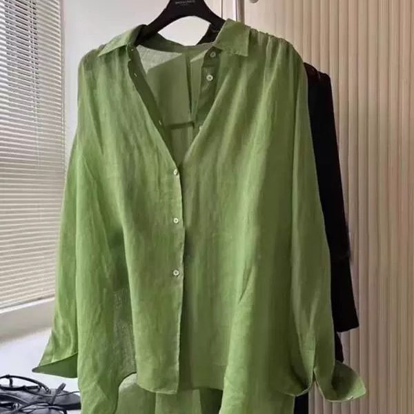 Silk Linen Custom-Dyed Green Long-Sleeved Collared Shirt for Women, Summer Relaxed Style Top Silk Linen Custom-Dyed Green Long-Sleeved Collared Shirt for Women, Summer Relaxed Style Top