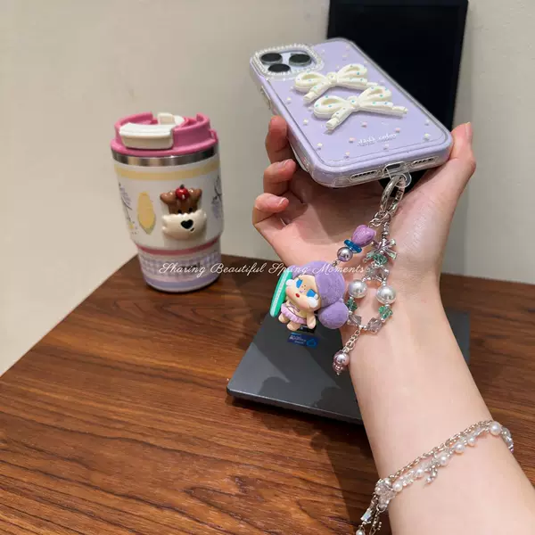 Korean-style phone chain with purple surfboard charm, cute phone lanyard, pearl bag charm, alloy butterfly handmade phone accessory